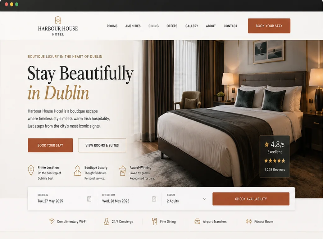 Sample boutique hotel website in warm terracotta, with rooms and booking